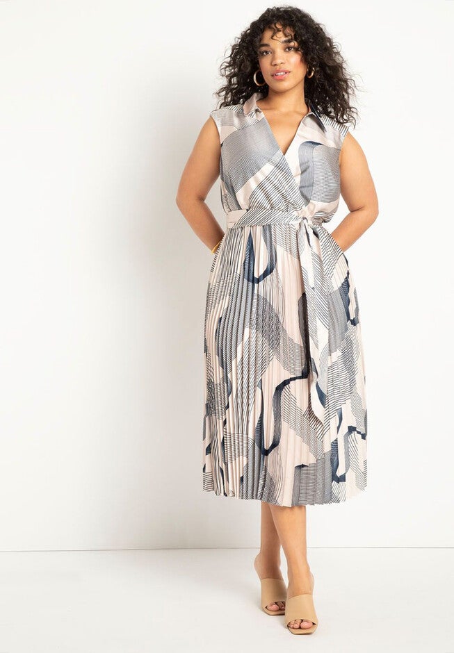 Midi Dress With Pleated Skirt, LINEAR CURVES, hi-res image number null