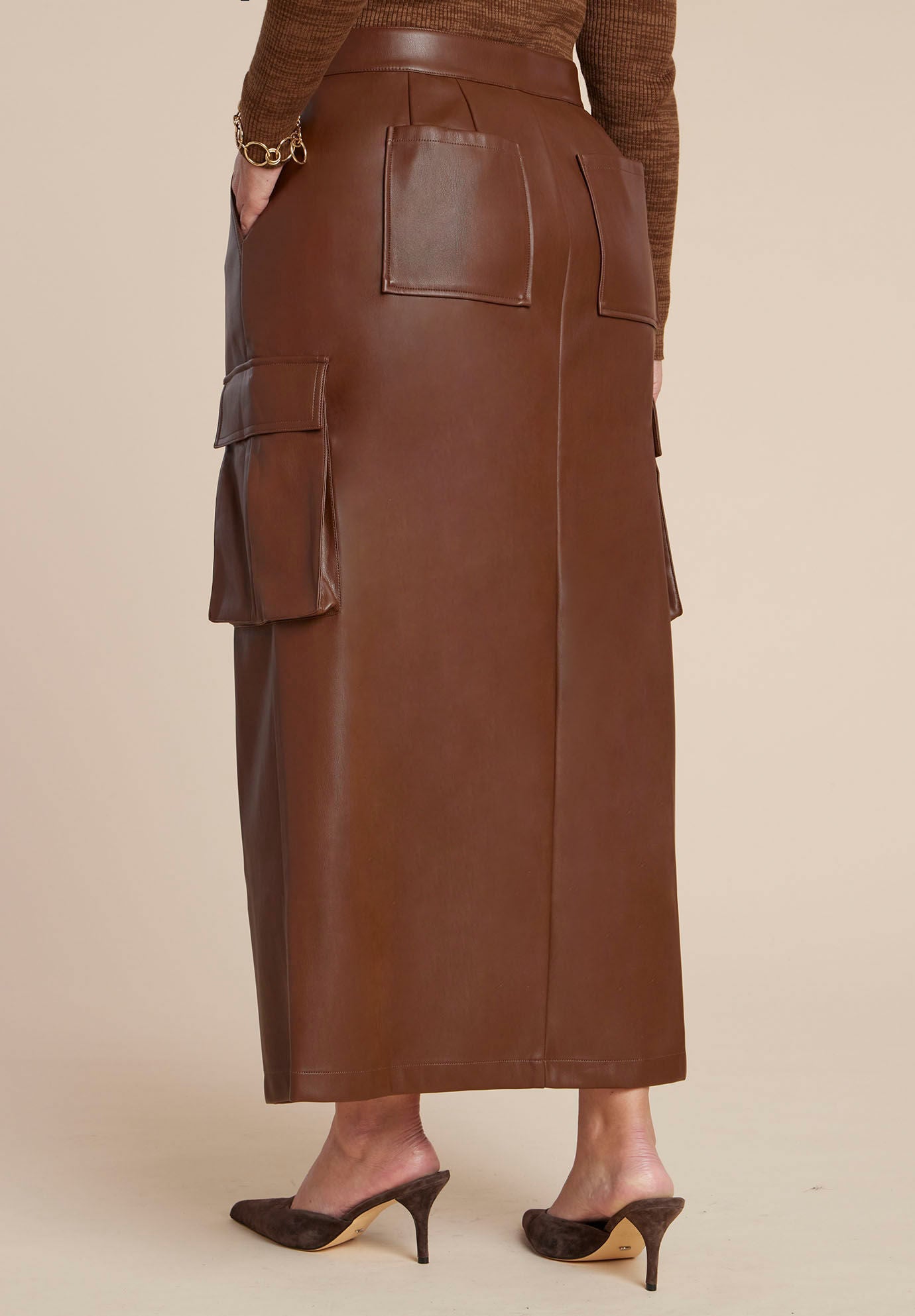 Maxi Cargo Faux Leather Skirt, POTTING SOIL, alternate image number 2