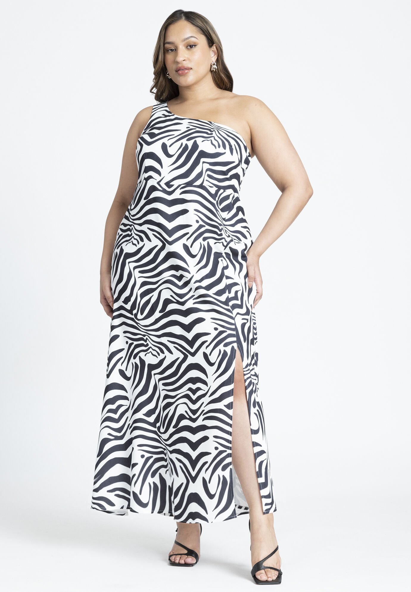 Plus Size One Shoulder Back Zipper Flowy Slit Animal Zebra Print Maxi Dress
