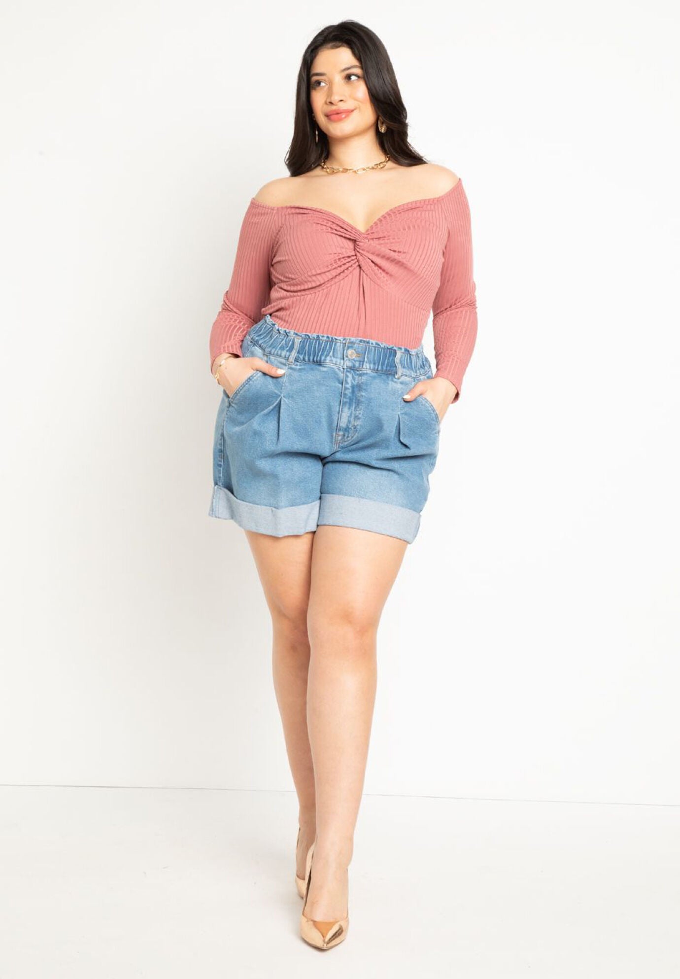 Elastic Waistband Shorts with Pleat Detail Eloquii