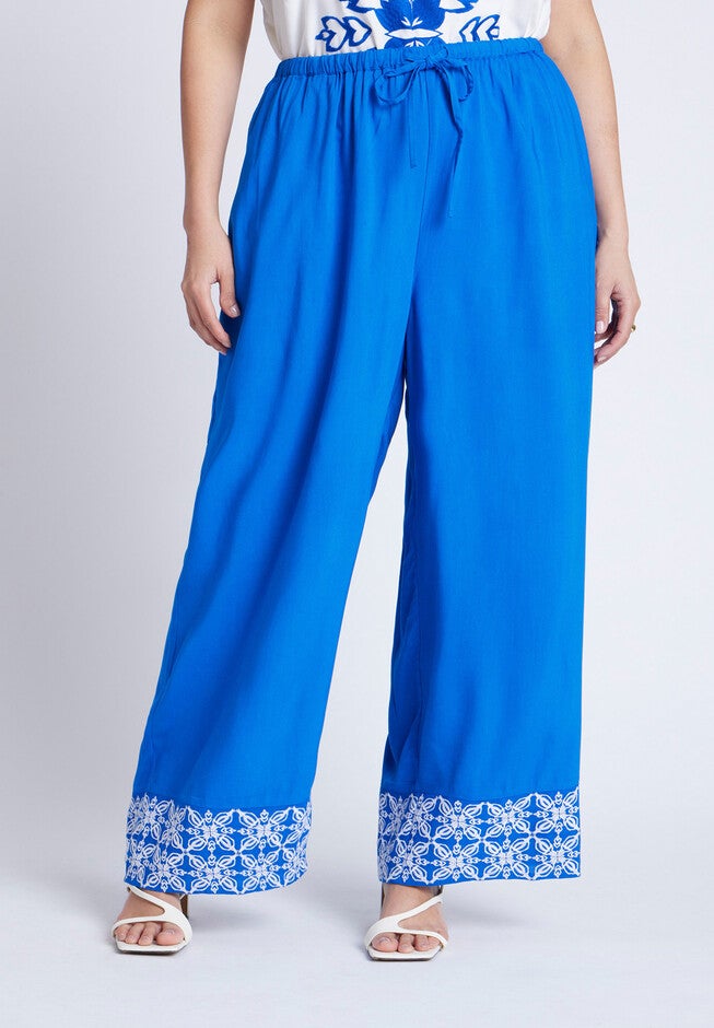 Embroidered Hem Pull On Pant, NAUTICAL BLUE, alternate image number null