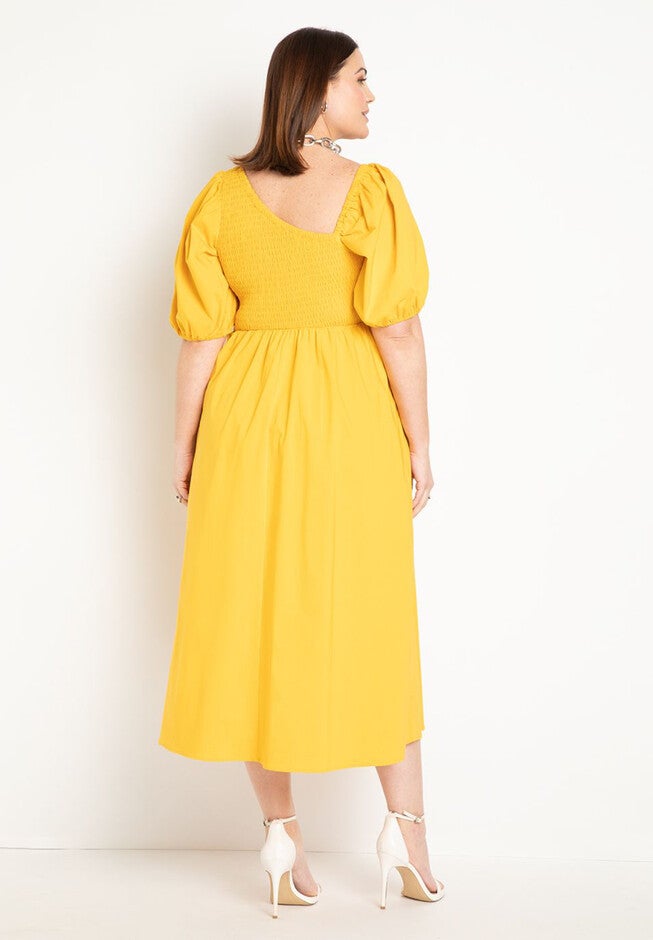 Smocked Bodice Asym Neck Dress, , alternate image number null