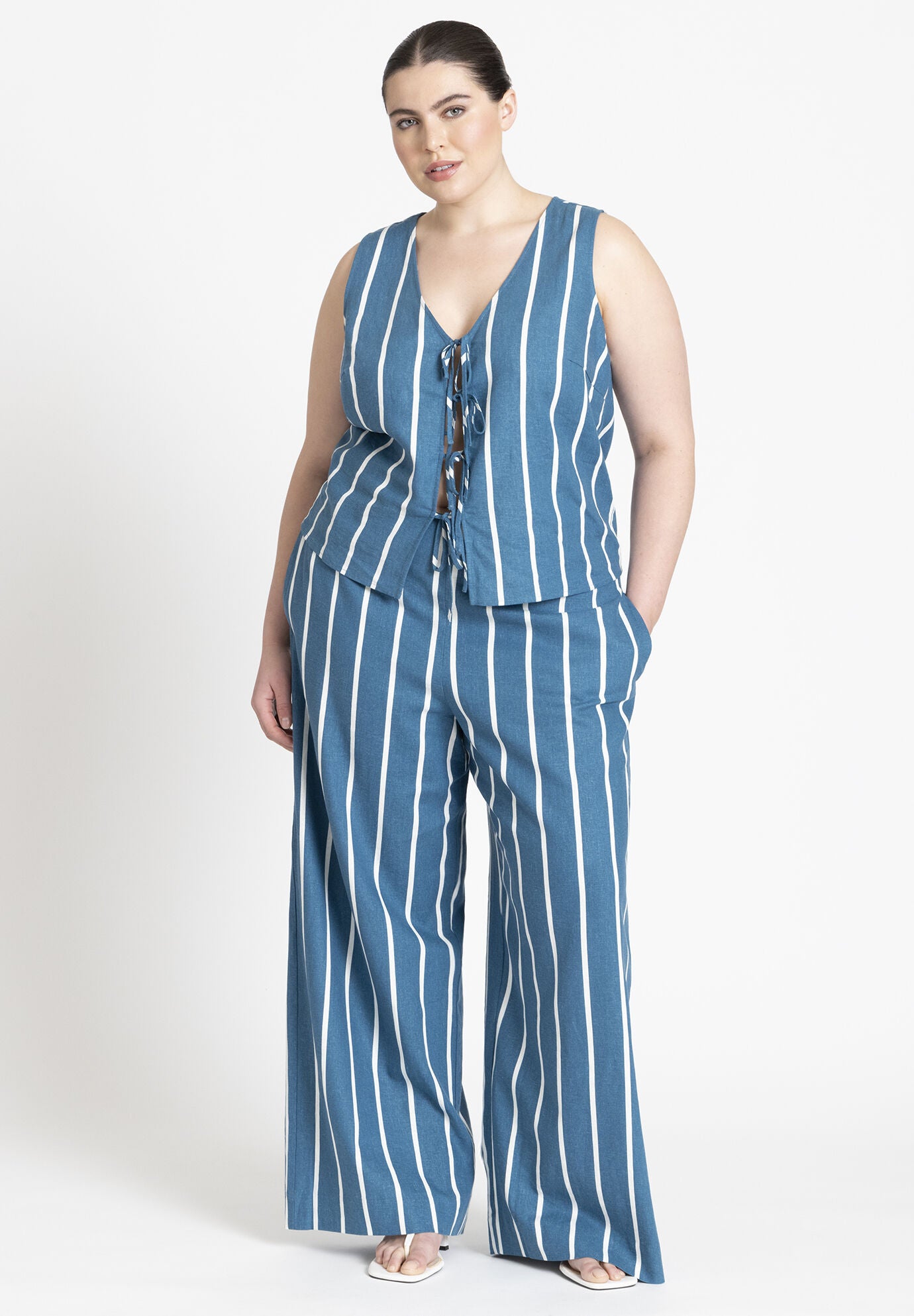 Linen-Blend V-Neck Tie Vest for Women, Mykonos Blue Stripe | Eloquii