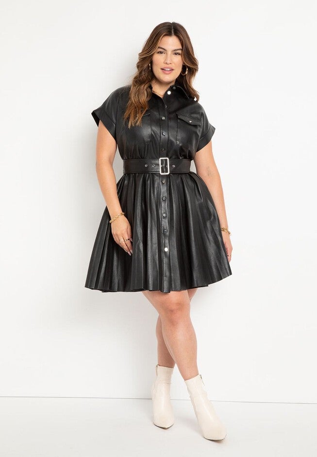 Faux Leather Pleated Skirt Dress, Black Onyx | ELOQUII Faux Leather Pleated Skirt Dress, Black Onyx | ELOQUII