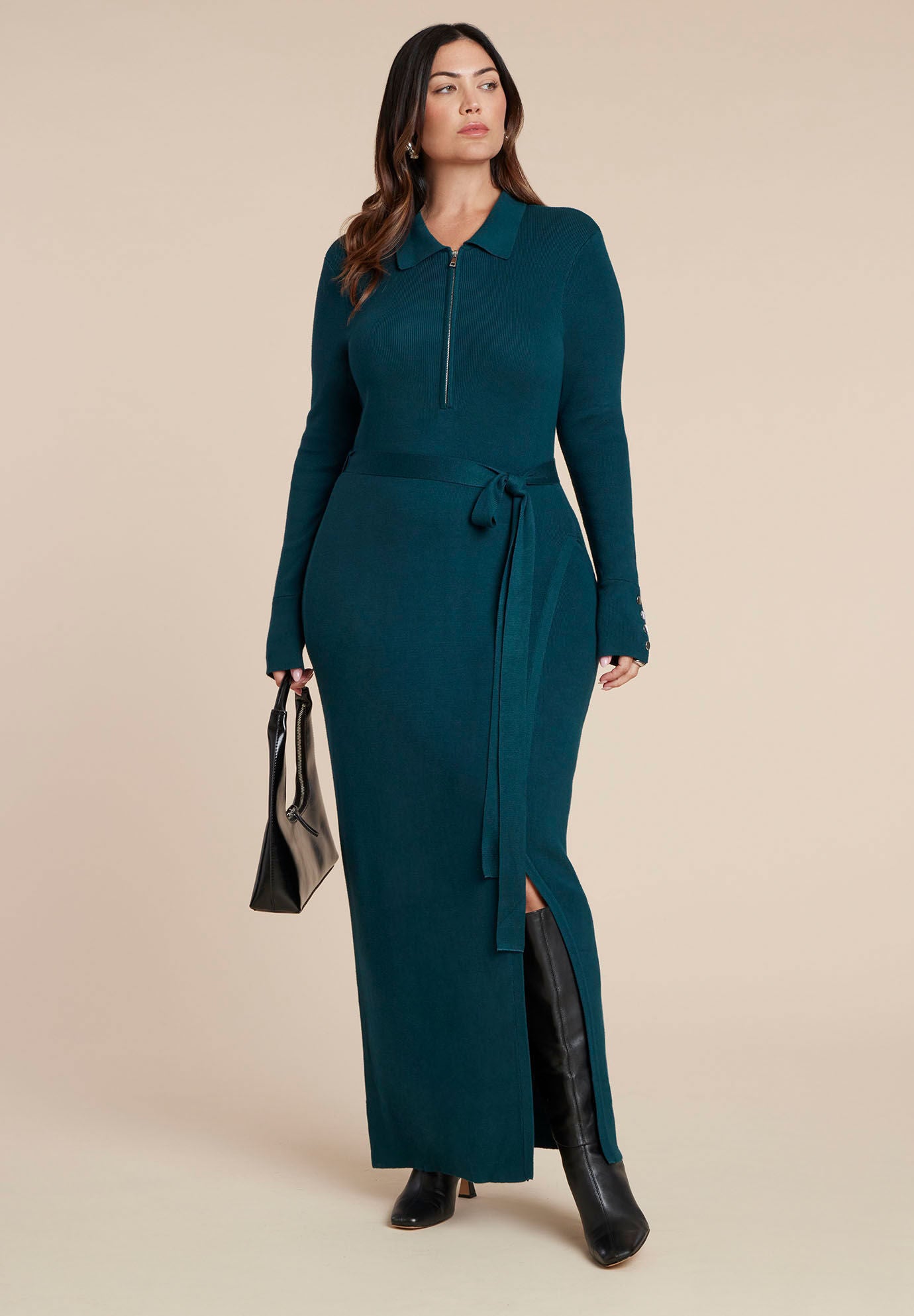 Zipper & Tie Sweater Dress, DARK SEA, hi-res image number 0