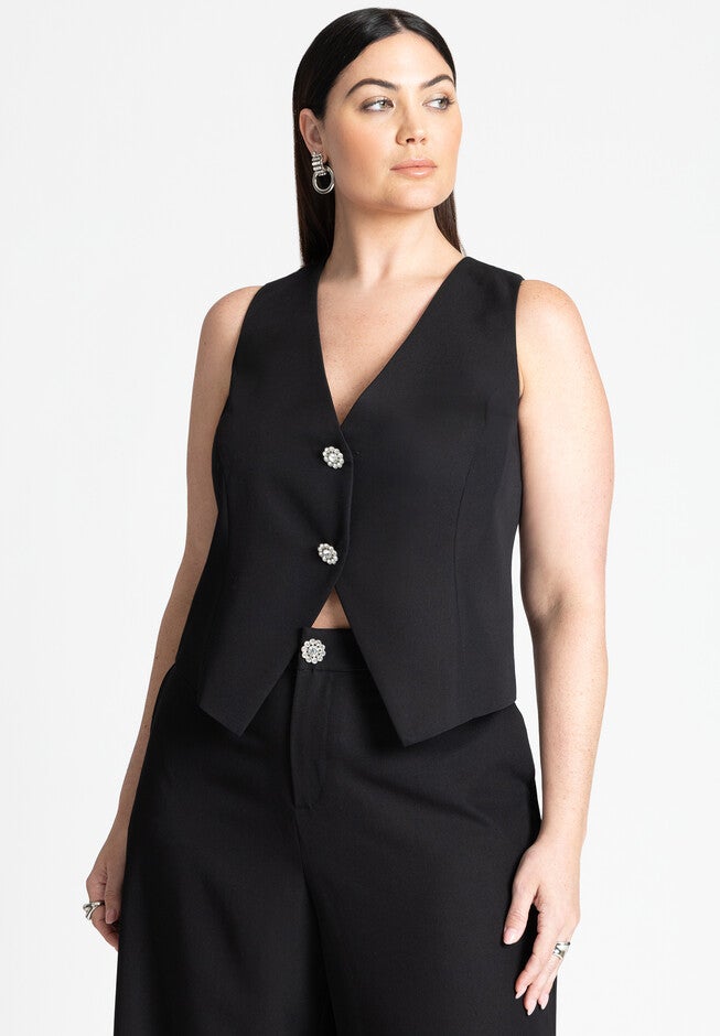 Crystal Button Fitted Vest – V-neck, Easy Fit, 4492391 | Eloquii