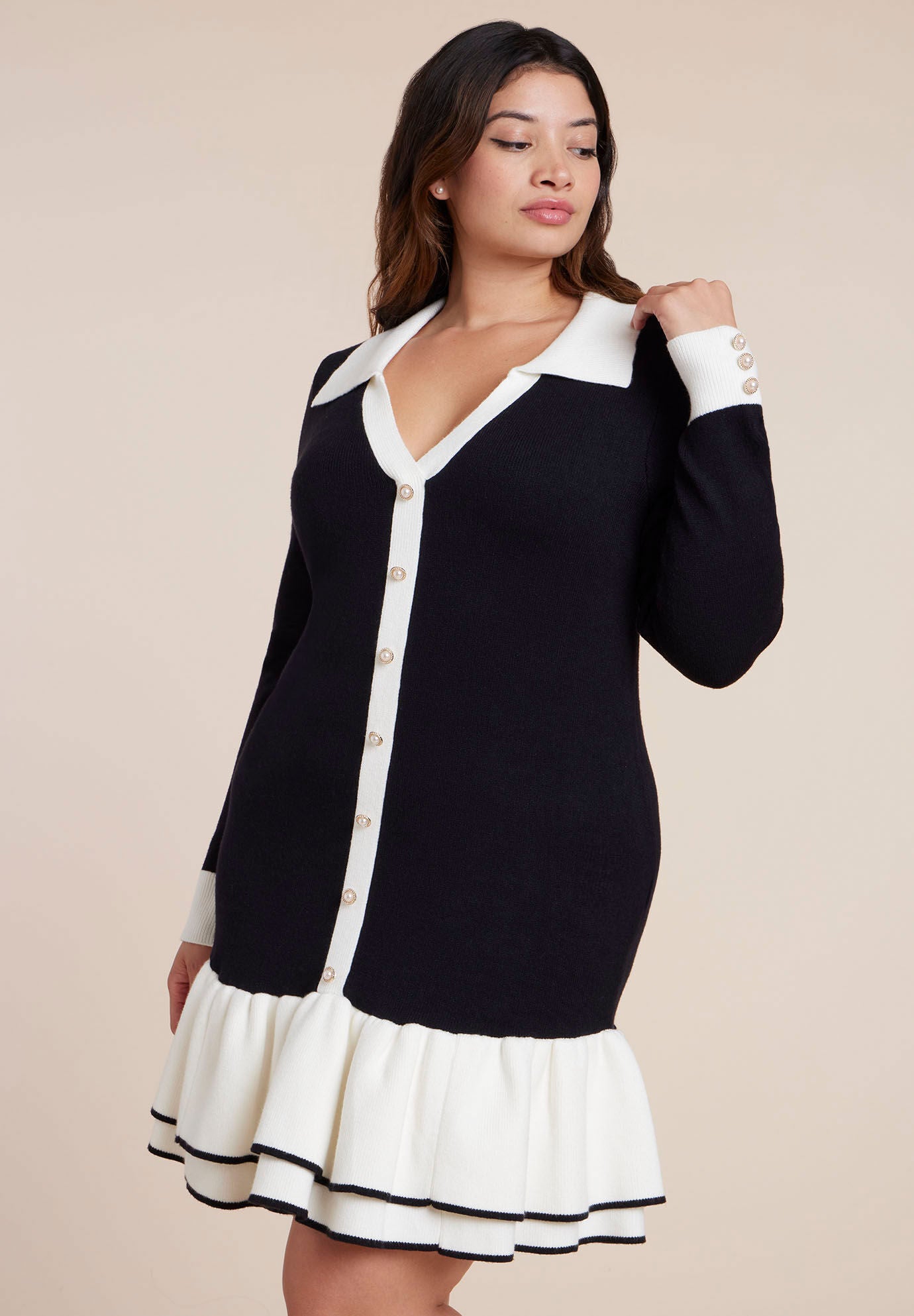  Contrast Tipping Flounce Mini Dress, BLACK ONYX, alternate image number 2