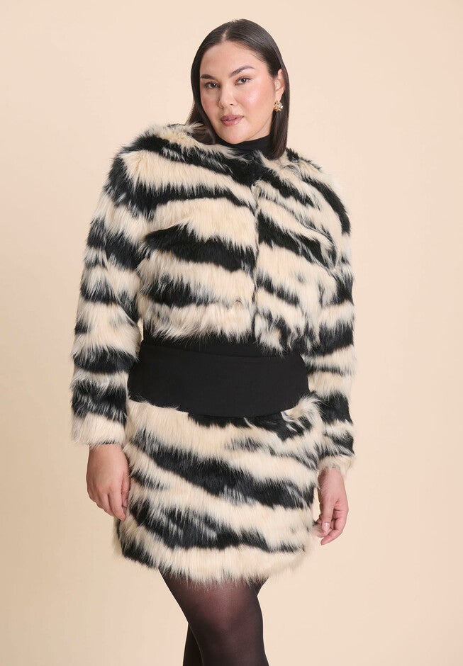 Faux Fur Crop Coat, BLACK AND WHITE, hi-res image number 0