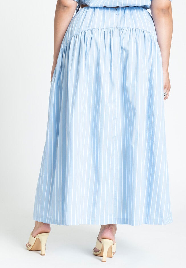 Striped Poplin Skirt With Yoke, BLUE WHITE STRIPE, alternate image number null