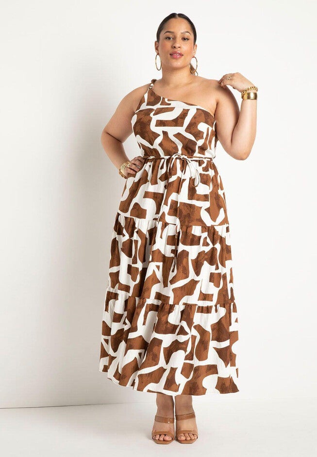 One Shoulder Maxi Dress, SAND BLOCKS - BROWN, hi-res image number null