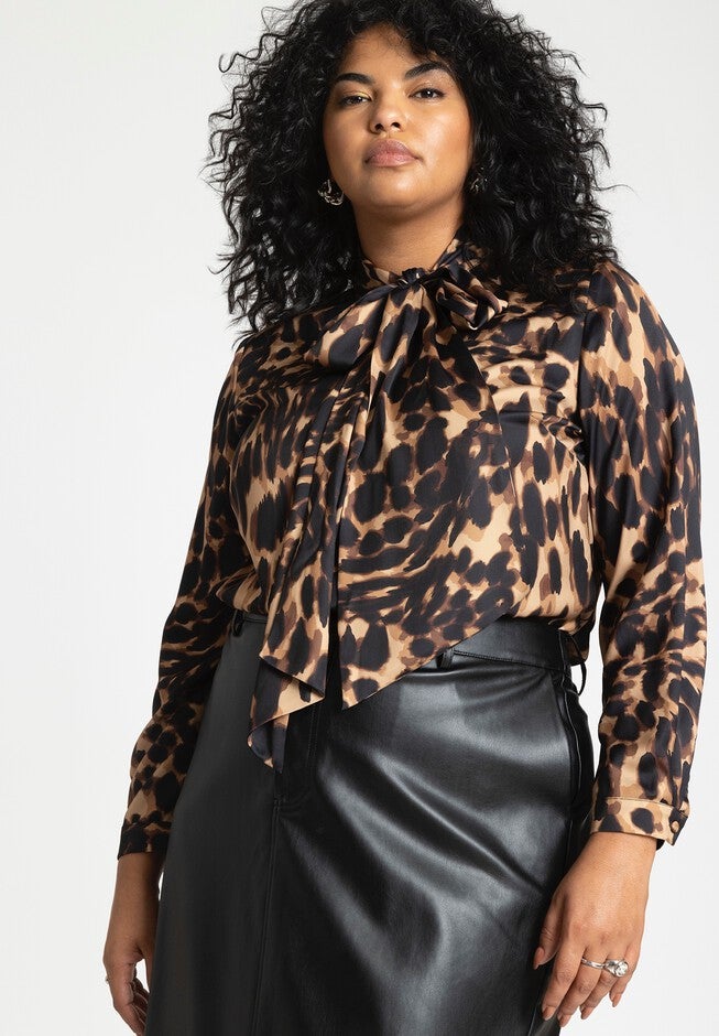 Exaggerated Tie Neck Blouse, LATE NIGHT LEOPARD, hi-res image number null