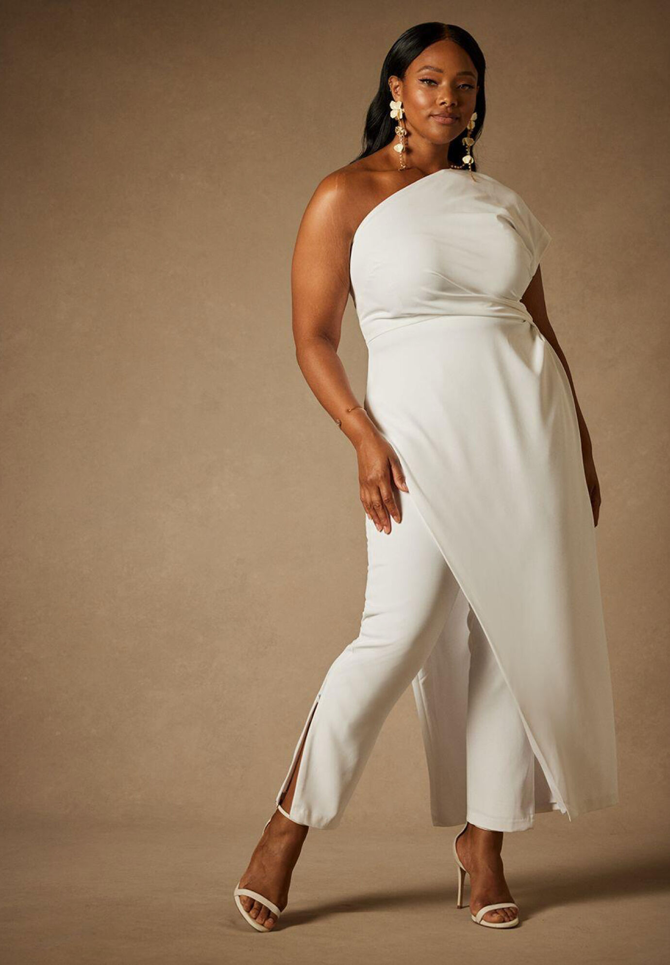 Tall Plus Size Crepe One Shoulder Asymmetric Fitted Side Zipper Draped Slit Wedding Dress/Tunic