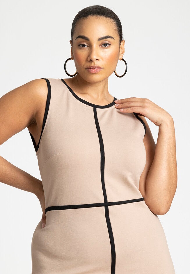Sleeveless Piped Workwear Dress, NATURAL, alternate image number null
