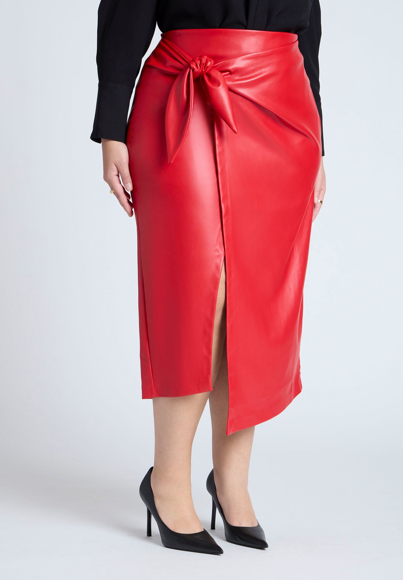 Red faux leather wrap skirt top