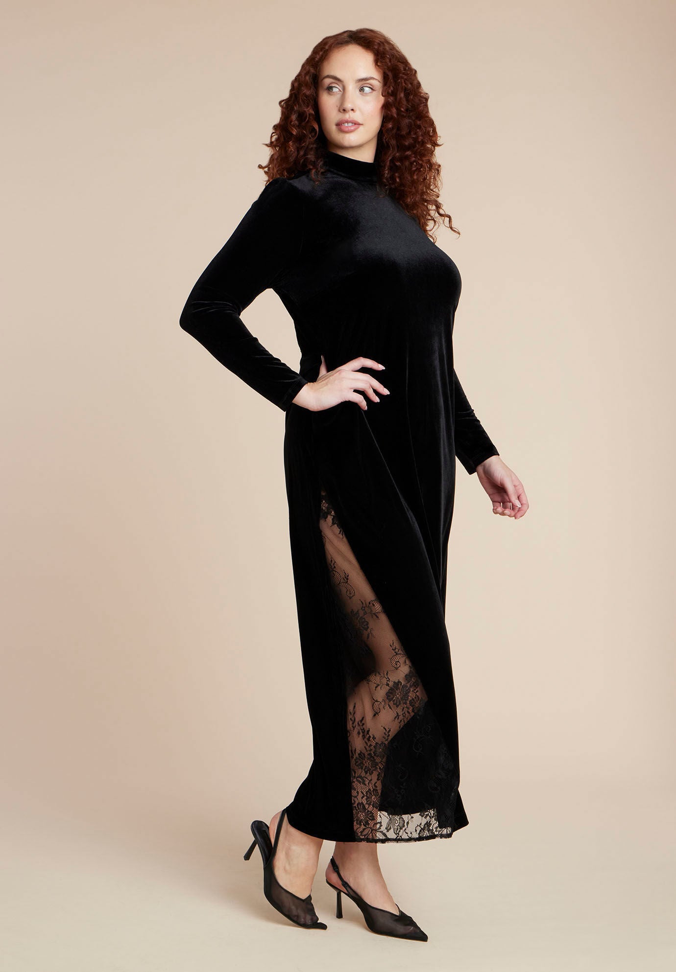 Velvet And Lace Maxi Dress, BLACK ONYX, on-hover image number 1