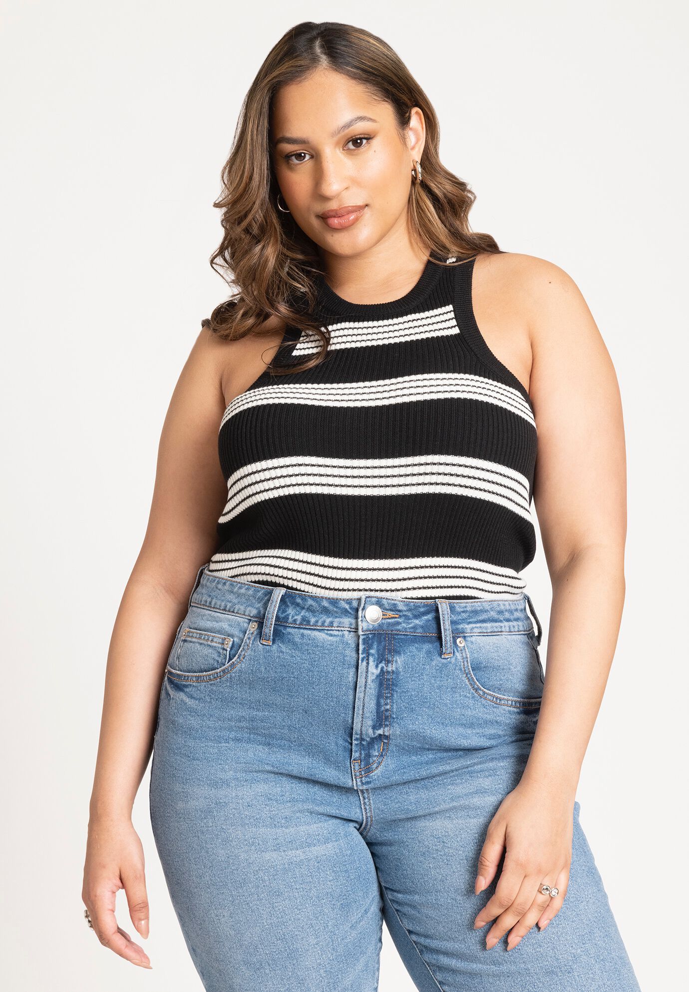 Women Stripe Sweater Tank With Pointelle By ( Size 30/32 )