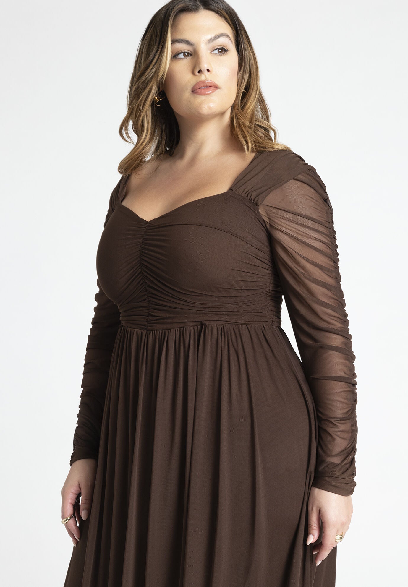 Shirred Mesh Fit and Flare Midi Dress, Chicory Coffee | Eloquii