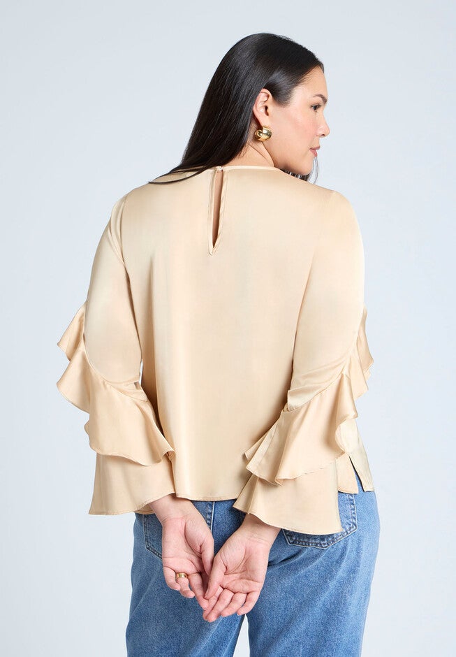 Sleeve Flounce Crewneck Blouse, CHAMPAGNE, on-hover image number null
