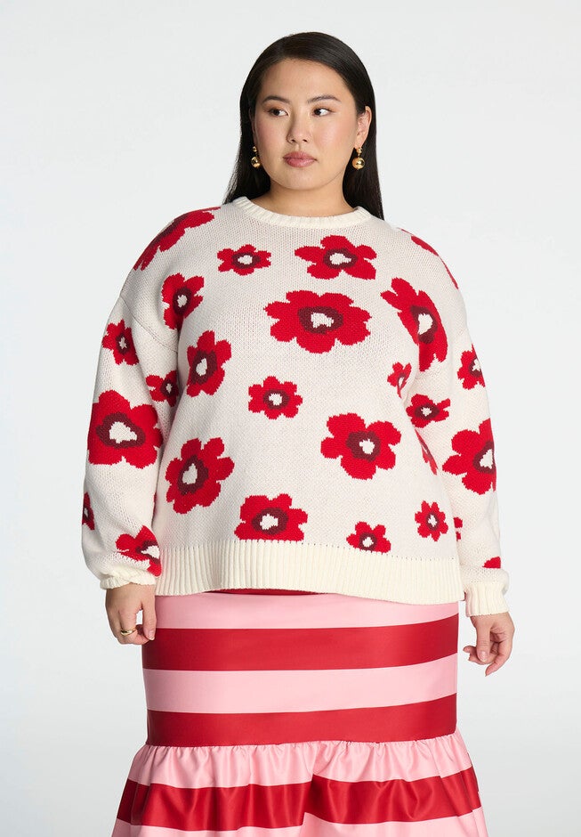 ELOQUII x kate spade new york Floral Relaxed Sweater, PINK RED ROSE, on-hover image number null