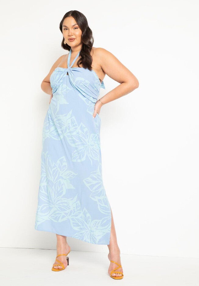 Halter Neckline Printed Dress, CHALK ART - BLUE, hi-res image number null