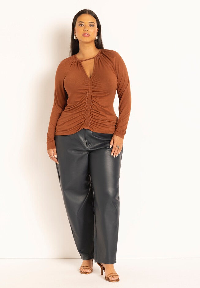 Shirring Detail V-Neck Top, TORTOISE, alternate image number null
