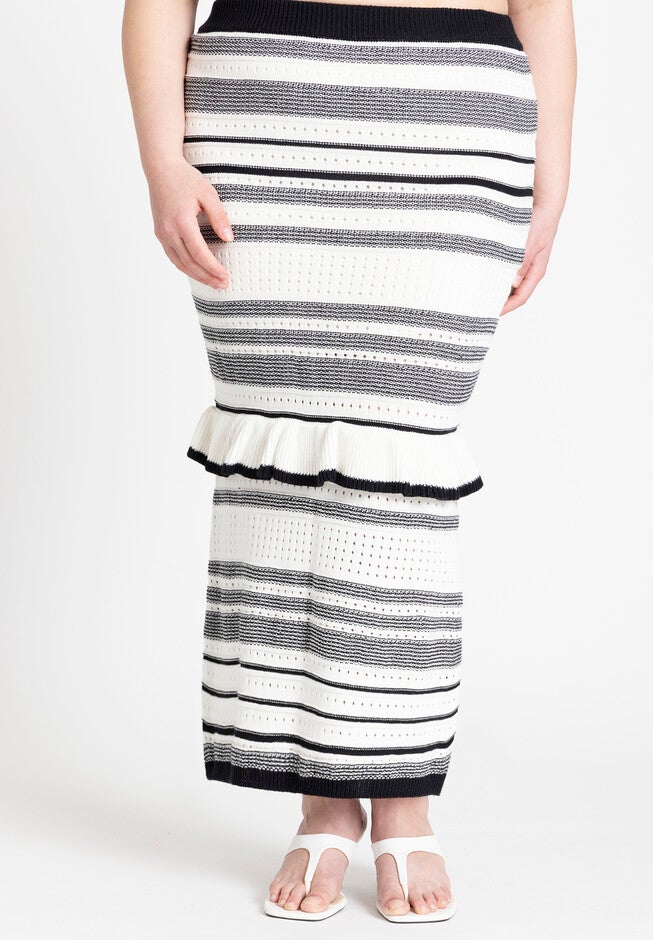 Crochet Multi Stitch Maxi Skirt With Ruffles, BLACK CREAM, on-hover image number null