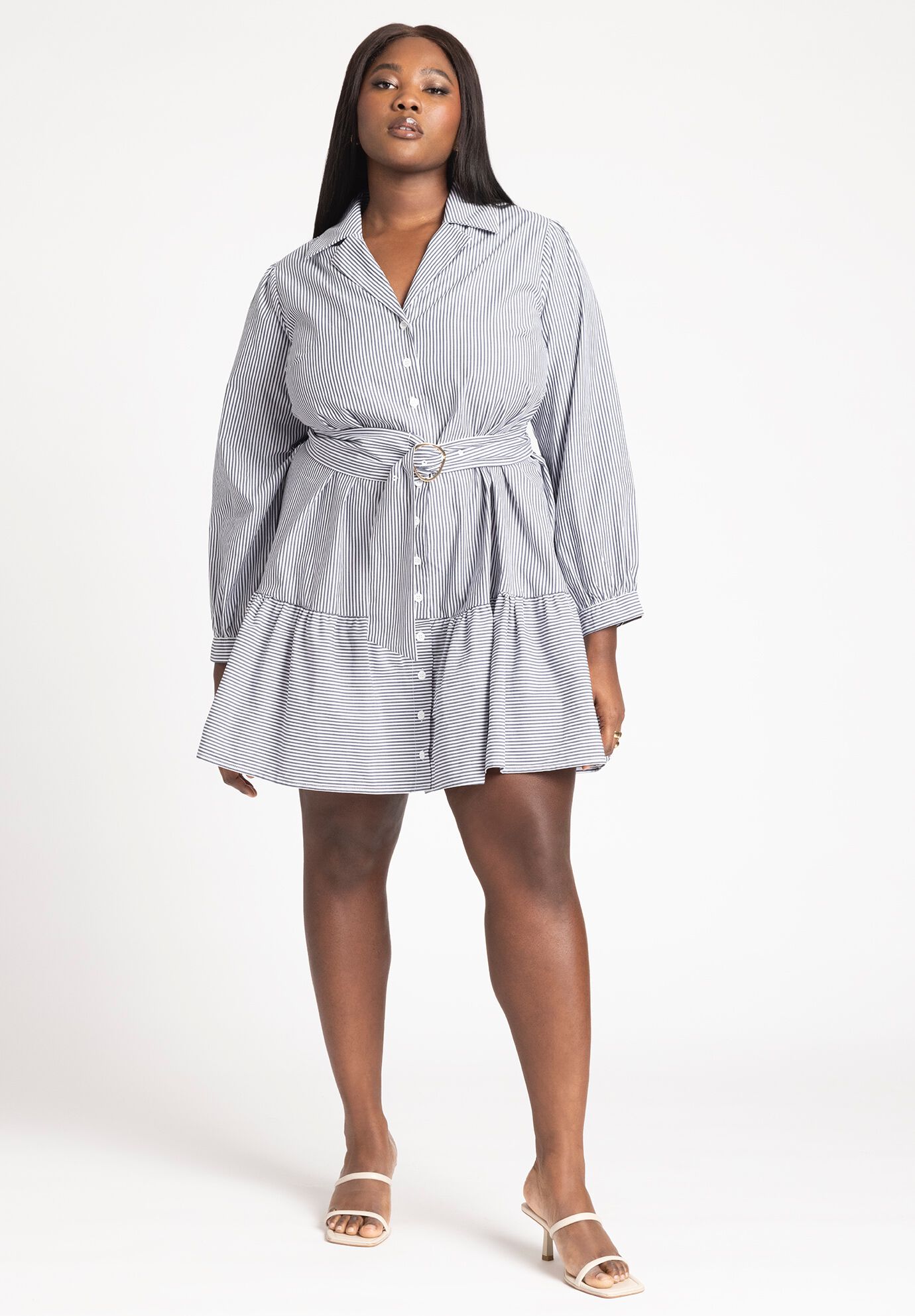 Plus Size Belted Short Puff Sleeves Sleeves Dropped Shoulder Striped Print Shirt Dress