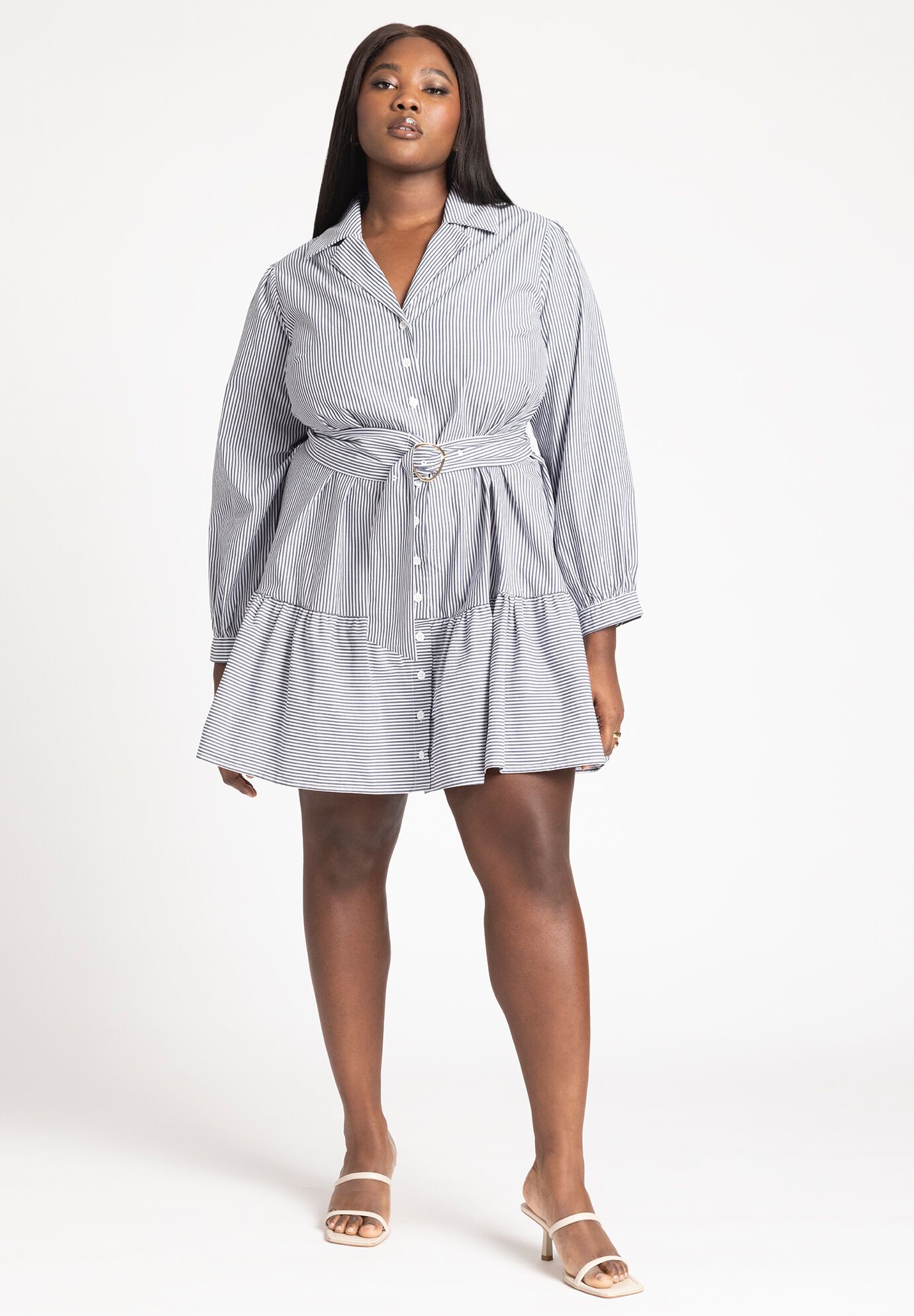 Plus Size Short Puff Sleeves Sleeves Dropped Shoulder Belted Striped Print Shirt Dress