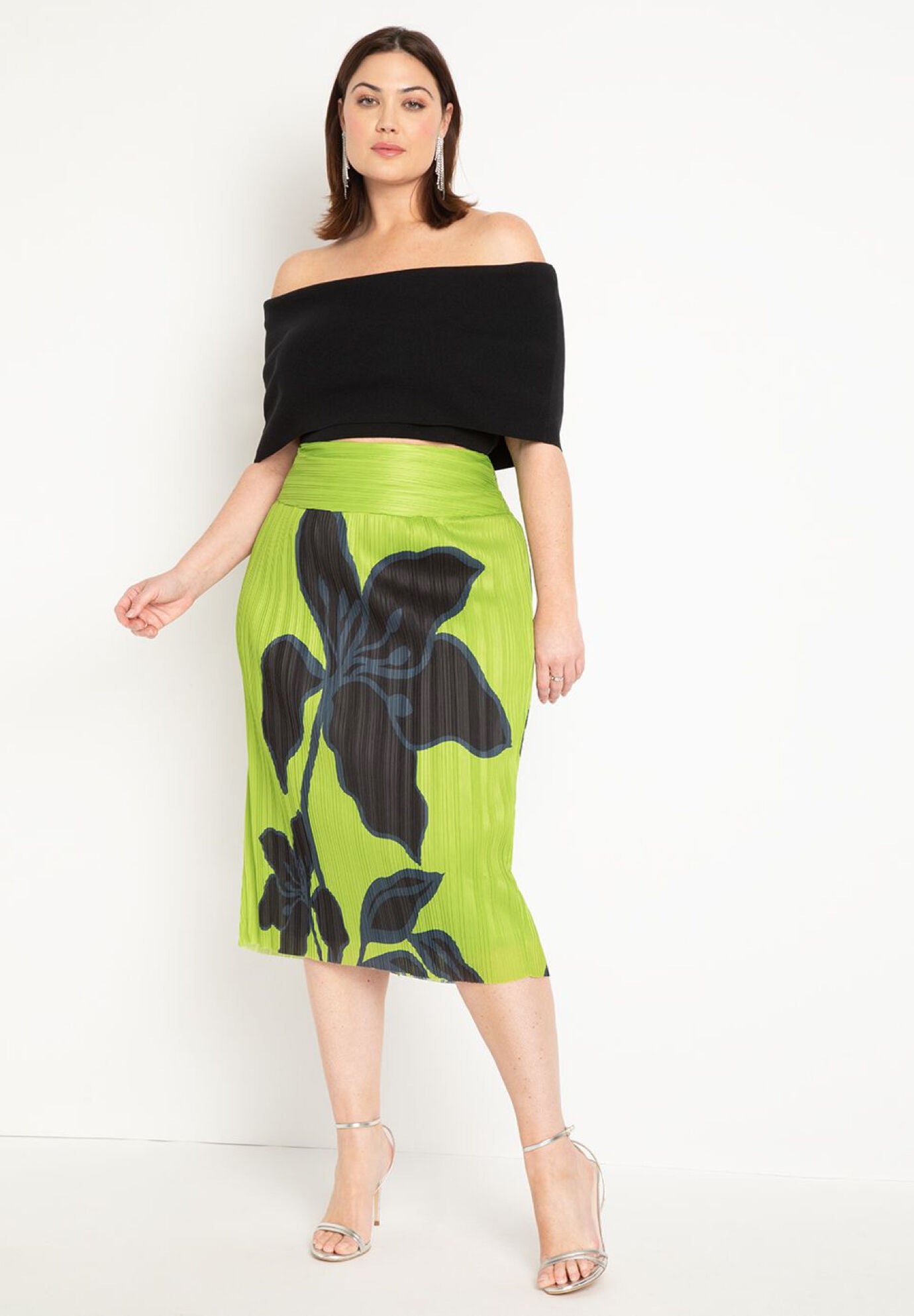 High Waisted Knit Midi Skirt with Pleats Graphic Botany Eloquii