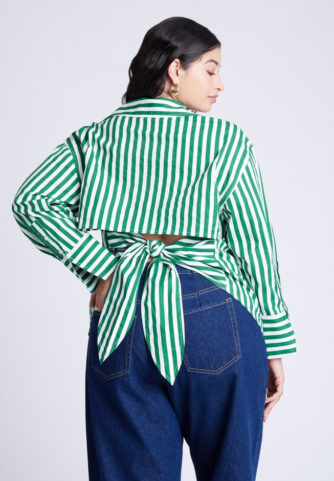 Striped Tie Back Button Up Top, GREEN AND WHITE STRIPE, hi-res image number null