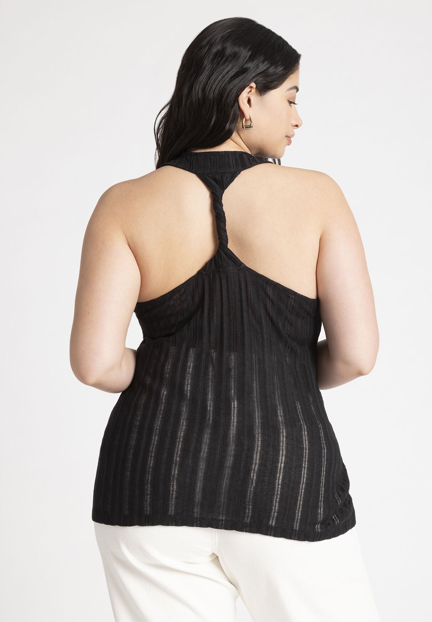 Crochet Racer Top with Twist Back Detail, Black Onyx | Eloquii