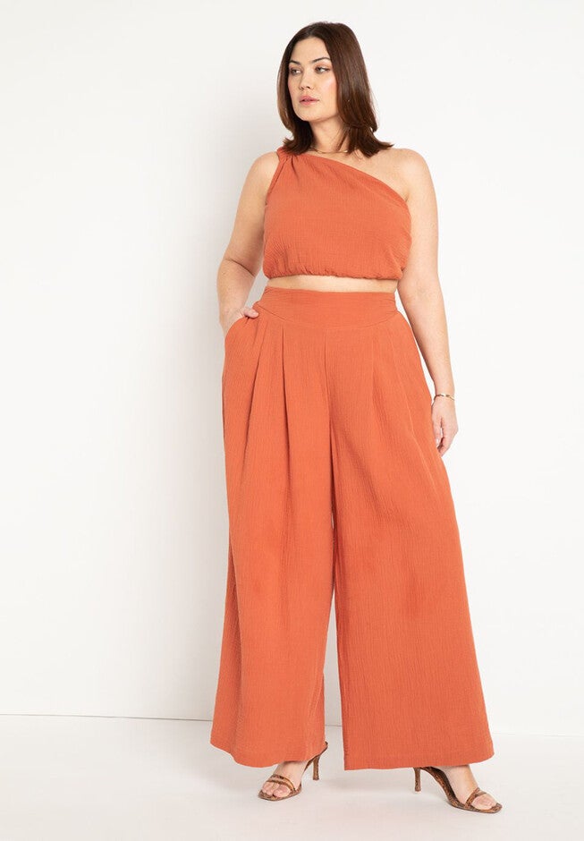 Gauze Pleated Wide Leg Pant, BURNT BRICK, hi-res image number null