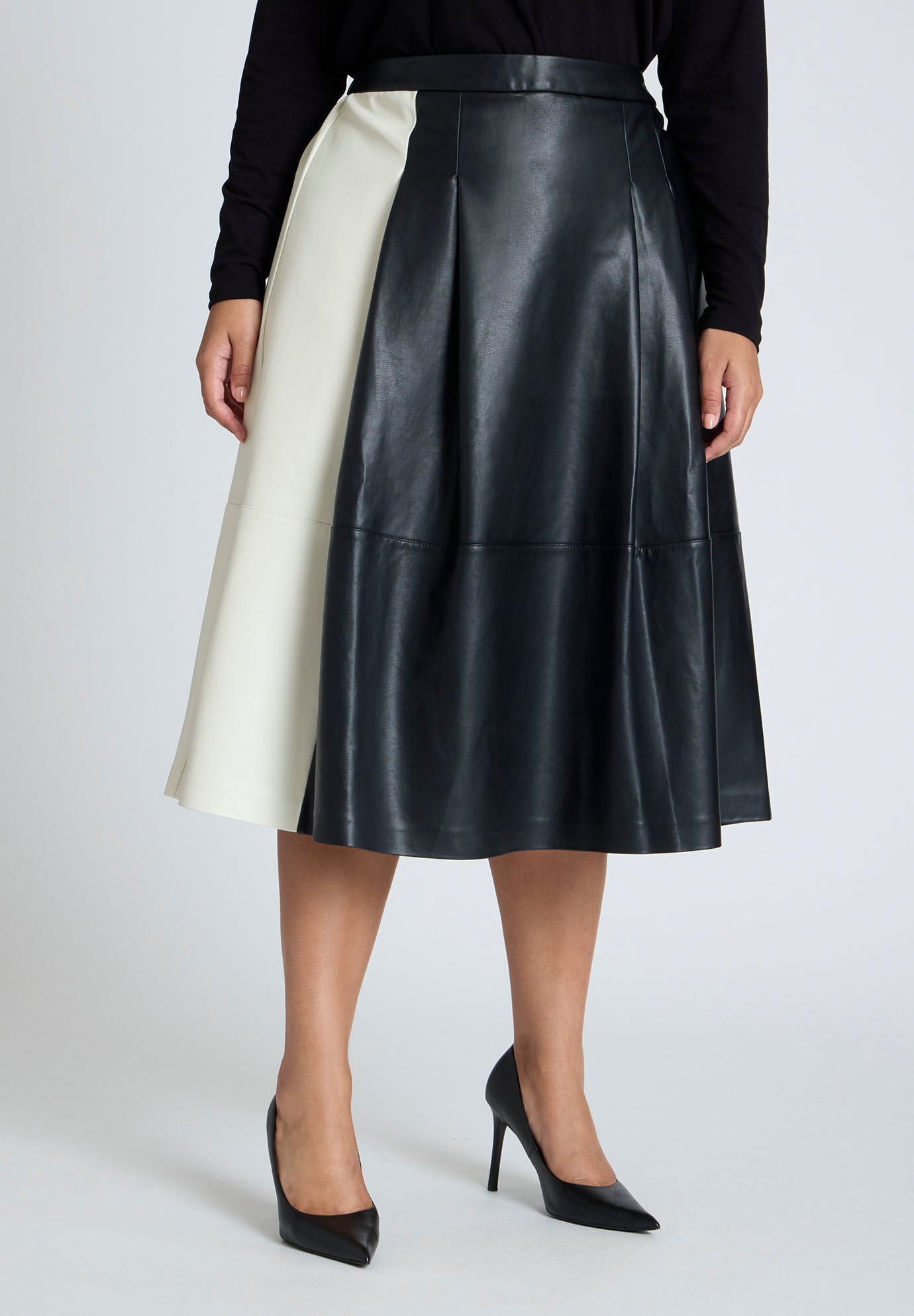 Colorblocked Faux Leather Full Midi Skirt Eloquii