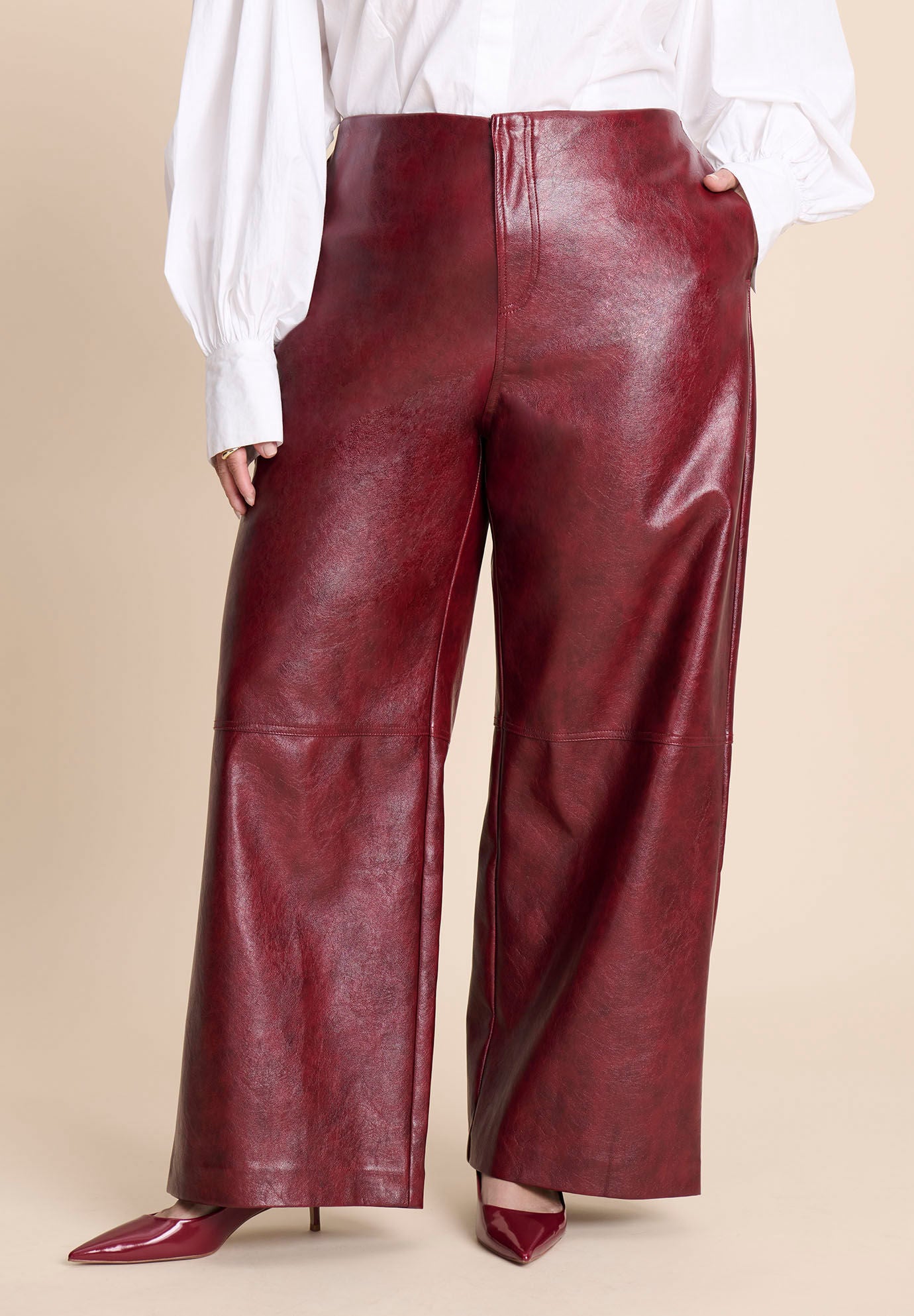 Adjustable Waist Faux Leather Wide-Leg Pant