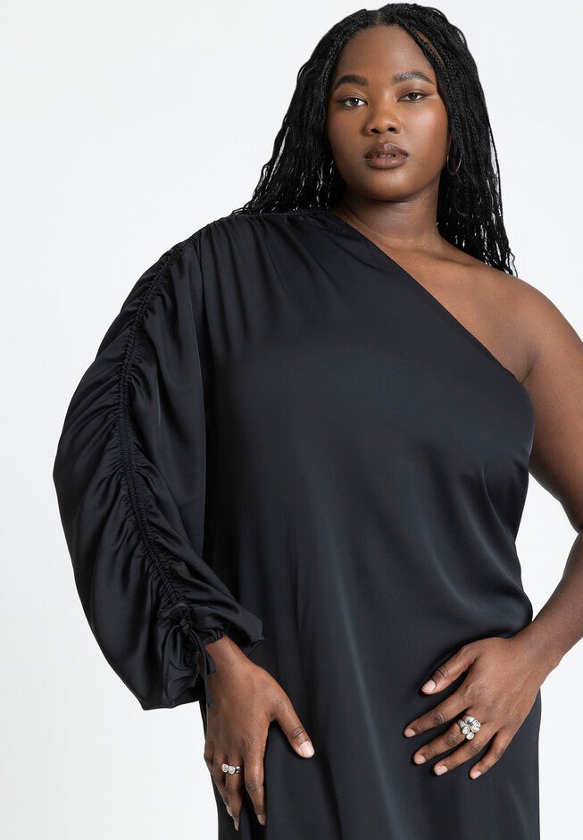 Gathered Sleeve Column Dress, BLACK ONYX, alternate image number null
