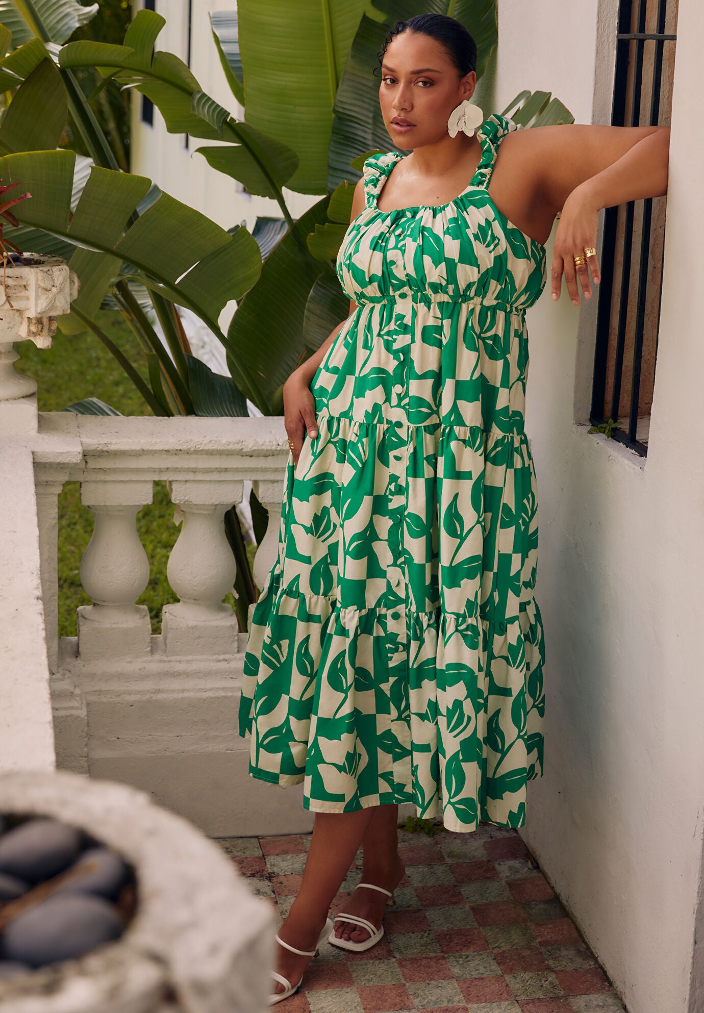 Tiered Flare Dress Button Up Elastic Waist Foliage Check Eloquii