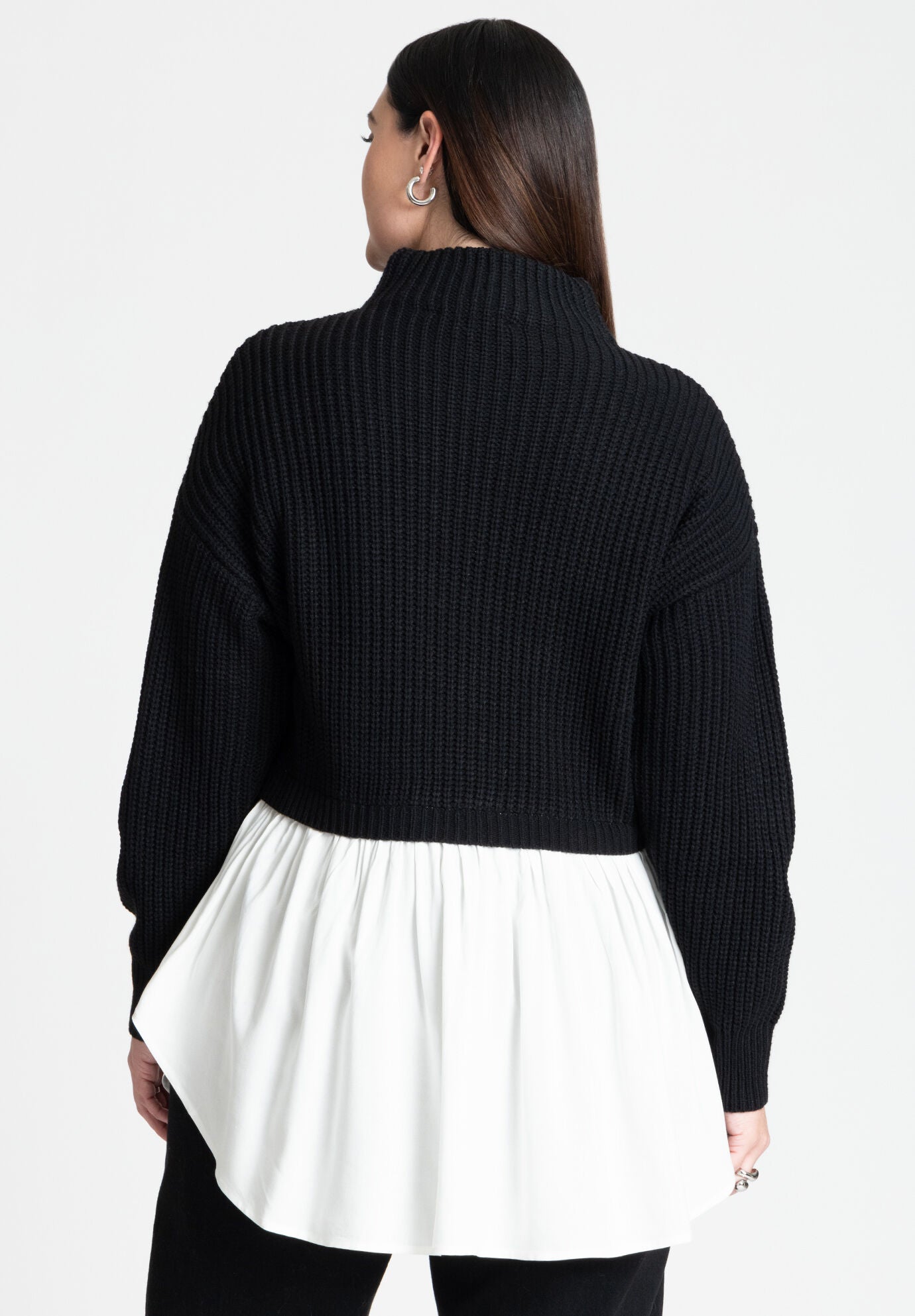 Twofer Skirted Sweater - Mock Neck Peplum, Black And Soft