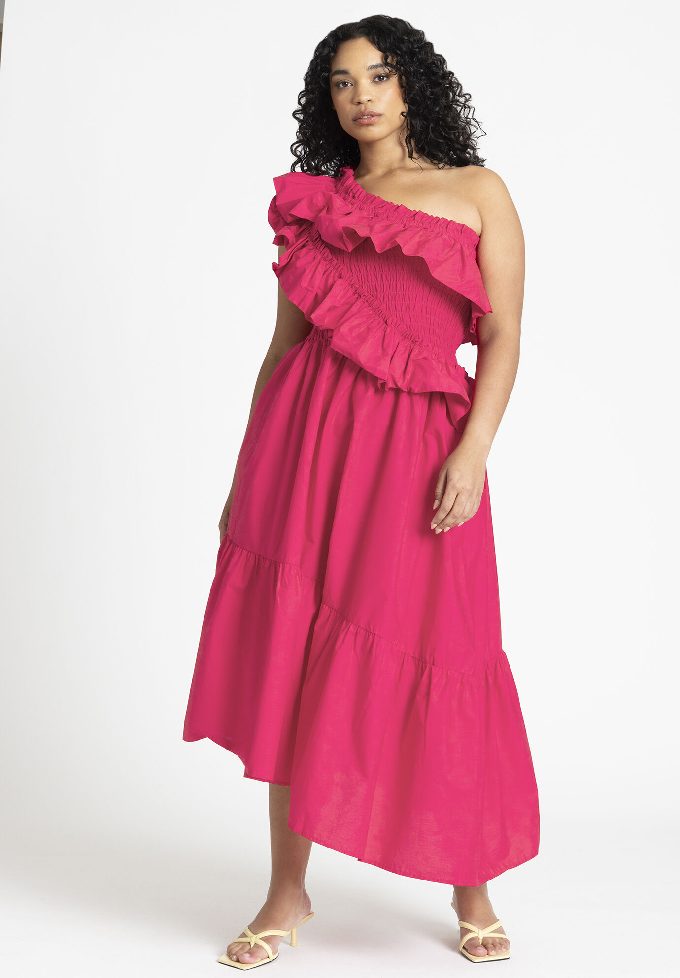 Plus Size Smocked One Shoulder Asymmetric Maxi Dress With Ruffles