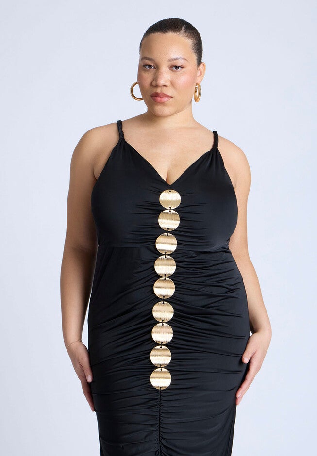 Hardware Shirred Midi Dress, BLACK OYNX, alternate image number null