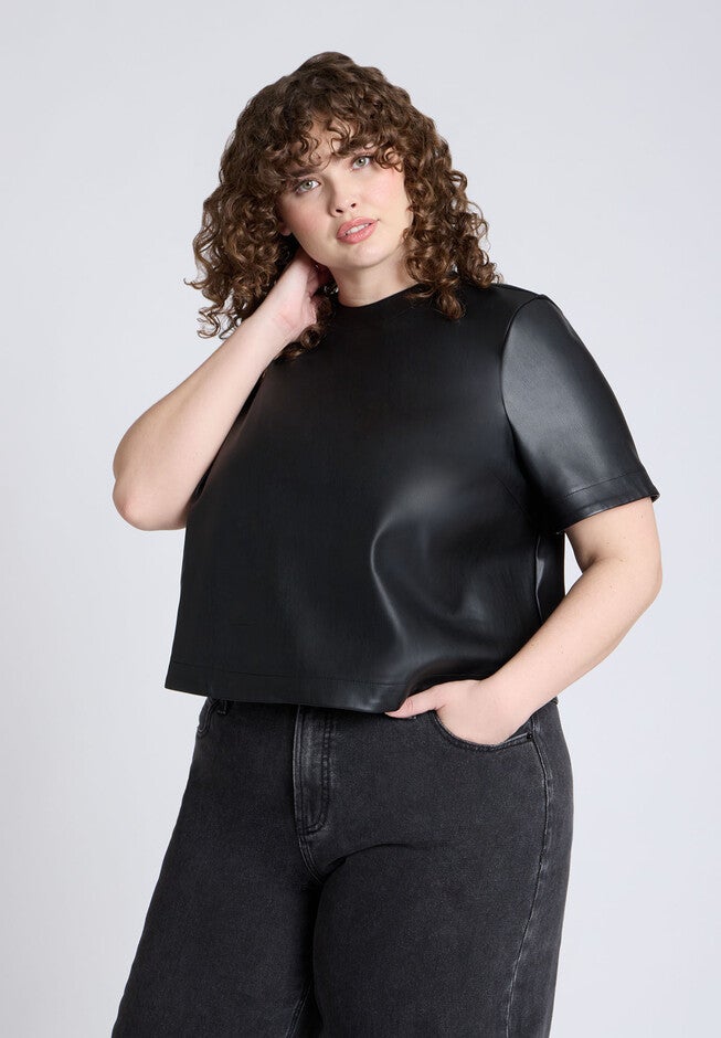 Boxy Faux Leather Top, BLACK ONYX, hi-res image number null