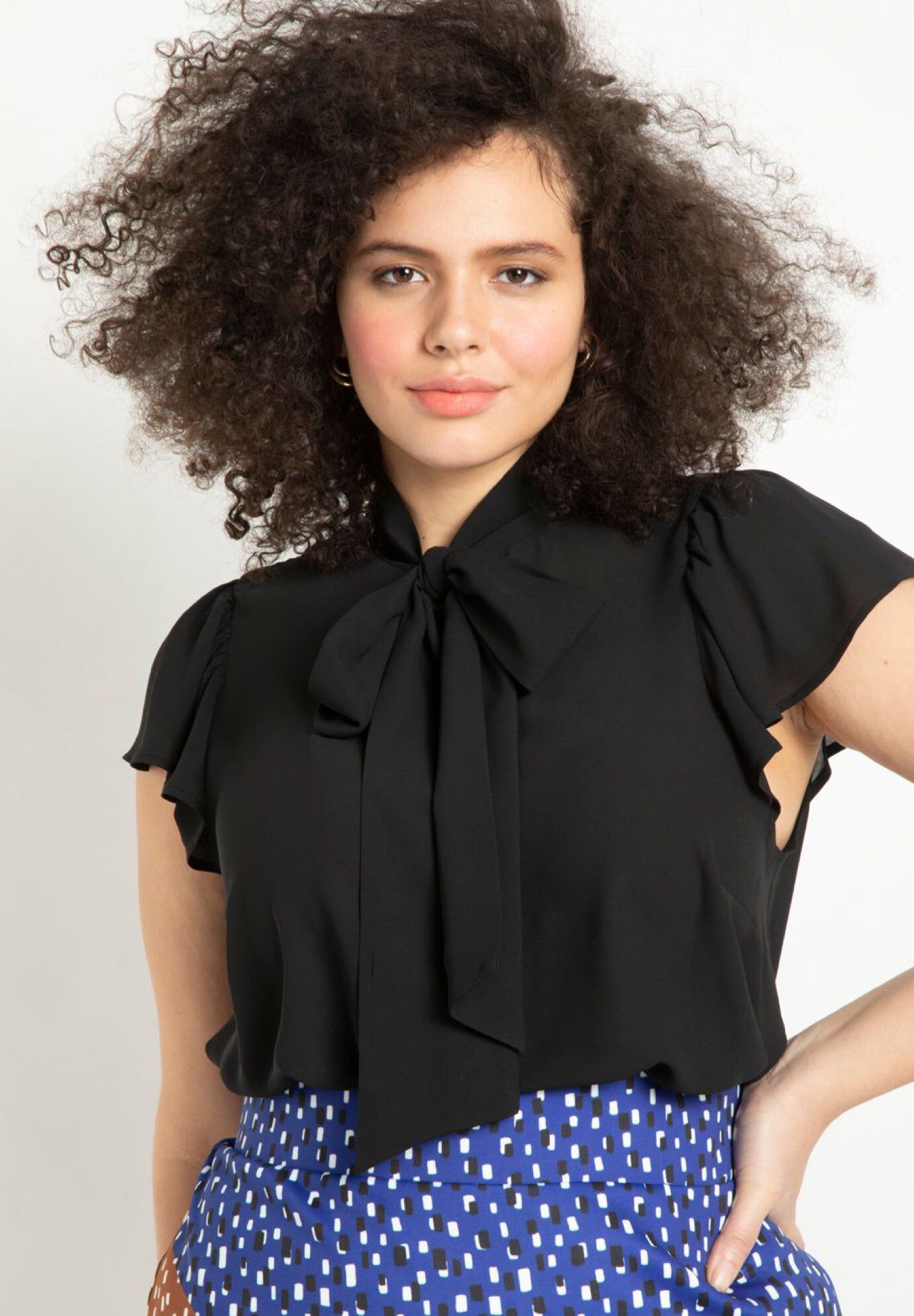 Flutter Sleeve Tie Neck Blouse, BLACK, hi-res image number 0