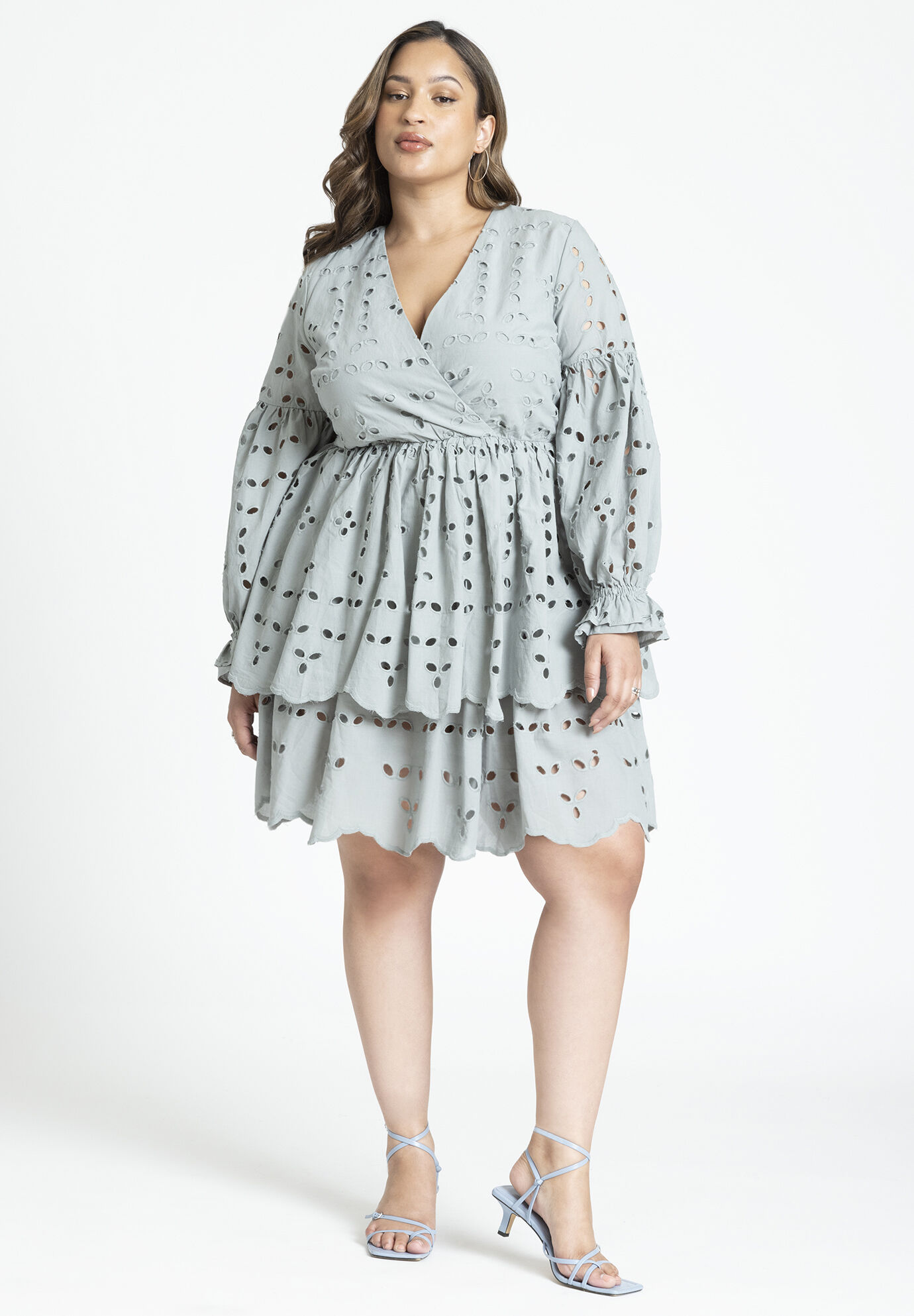 Plus Size V-neck Short Puff Sleeves Sleeves Tiered Cotton Dress