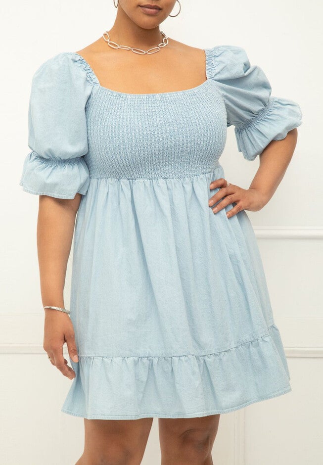 ELOQUII Elements Chambray Puff Sleeve Smocked Bodice Dress, , on-hover image number null