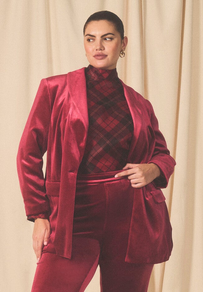 Raglan Sleeve Plaid Mock Neck Blouse, , alternate image number null