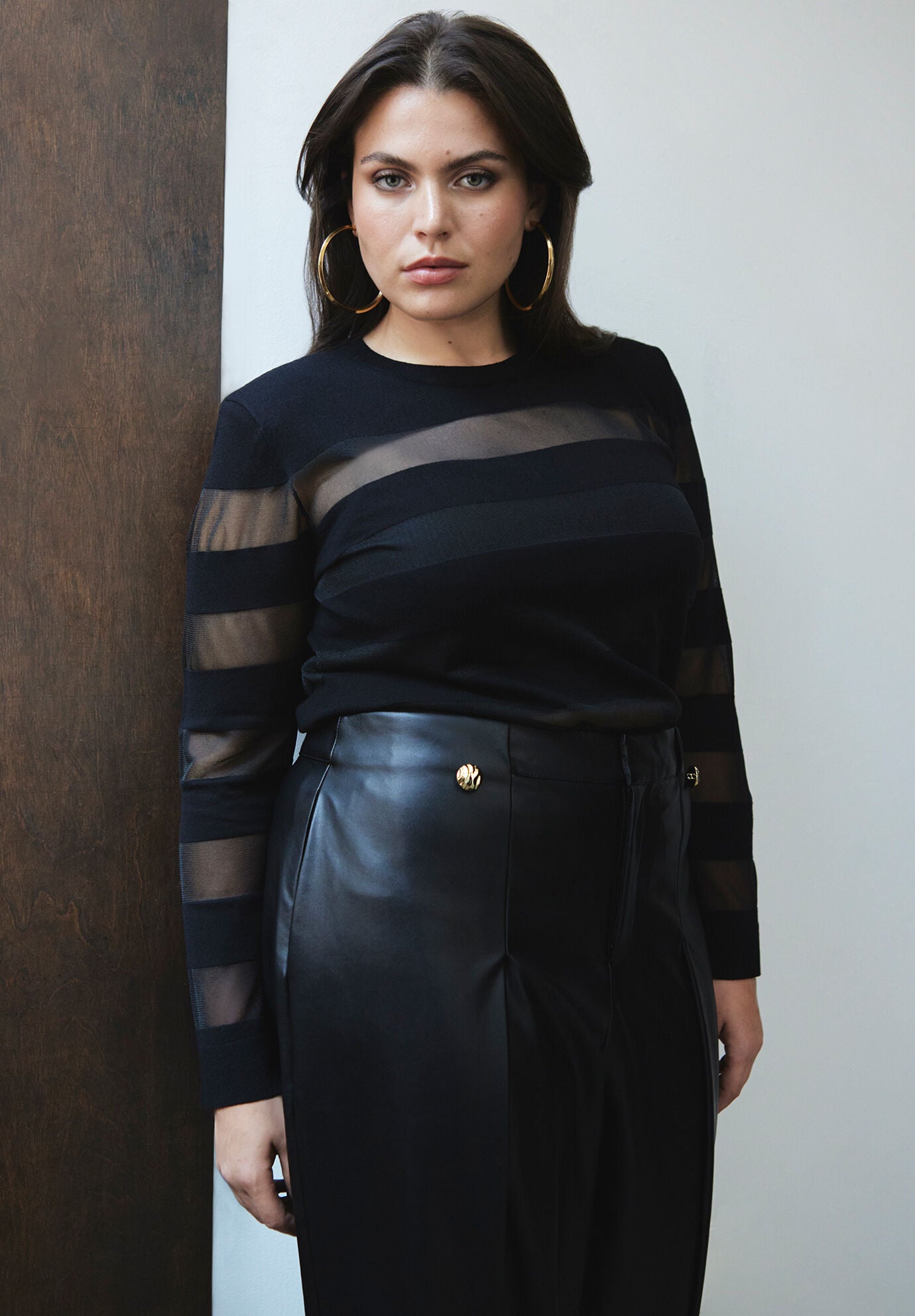 Sheer Stripe Sweater - Shoulder Pad Design, Black | Eloquii