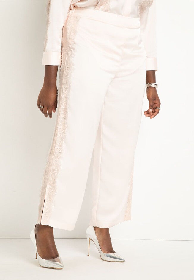 Lace Detail Satin Wide Leg Pant, , alternate image number null