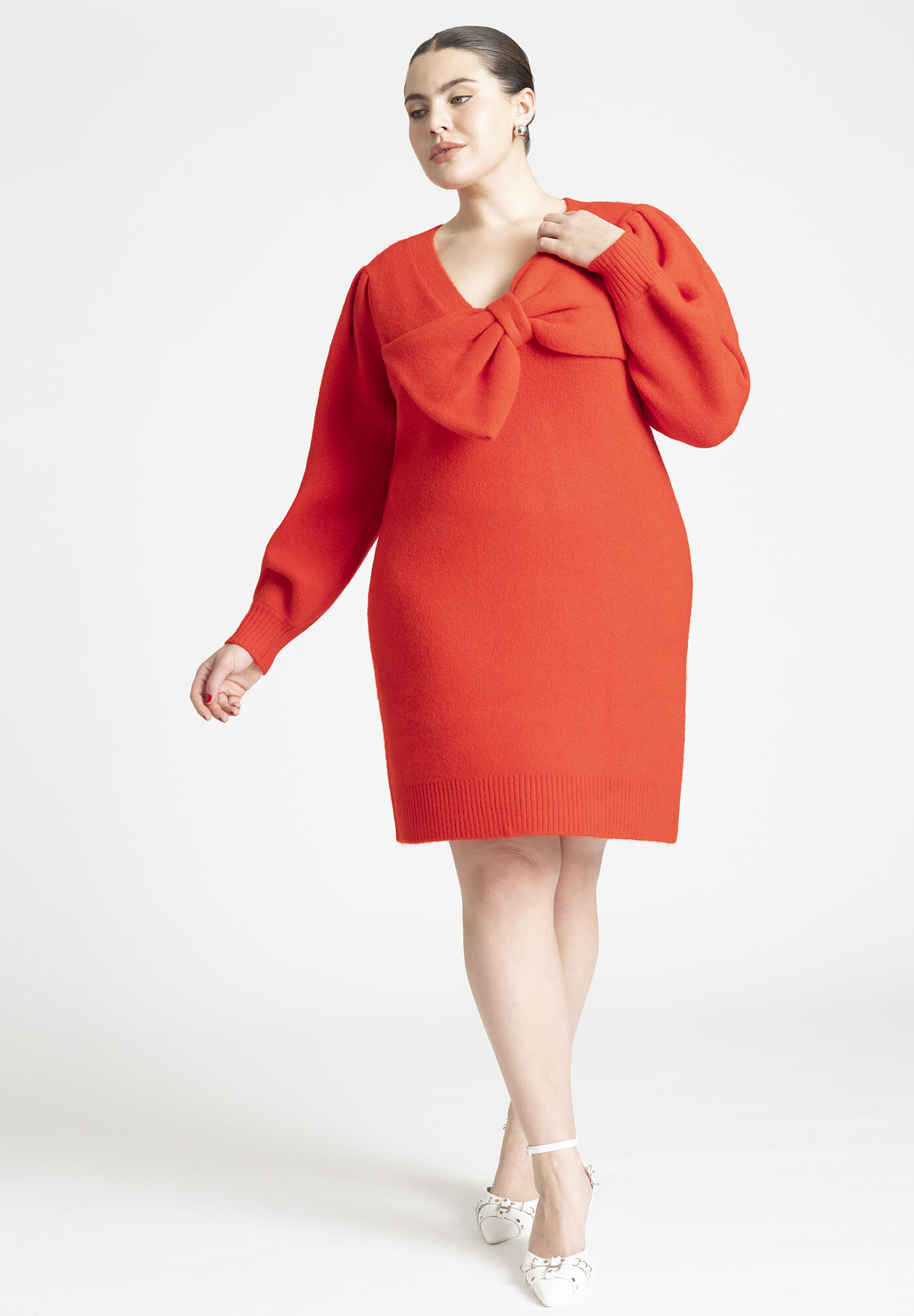 Plus Size Above the Knee Short Sweater Dress With a Bow(s)