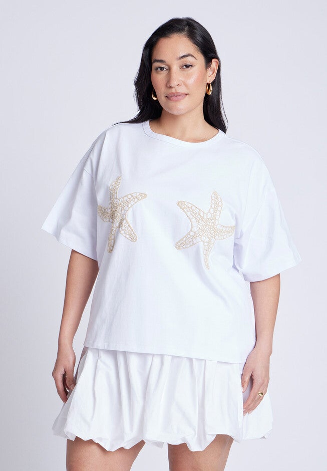 Embroidered Starfish Tee, OPTIC WHITE, on-hover image number null