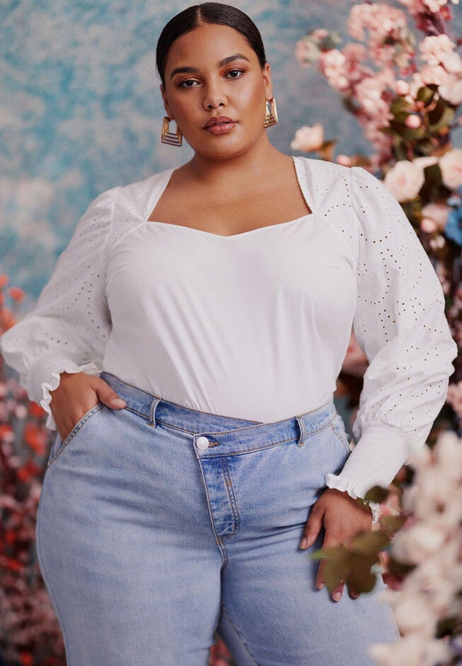 ELOQUII Elements Eyelet Puff Sleeve Top, , alternate image number null