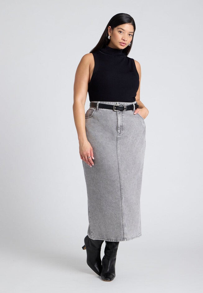 Denim Midi Skirt, GREY, hi-res image number null